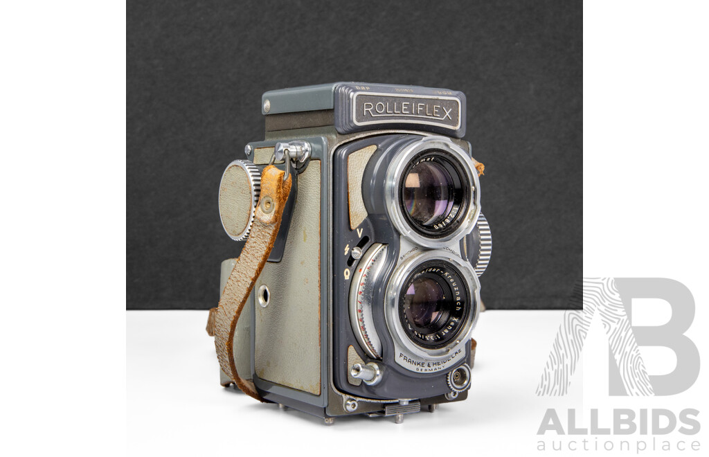 Grey Rolleiflex 4×4 Baby TLR Camera with Xenar 60mm F/3.5 Lens and Rollei Lens Hood
