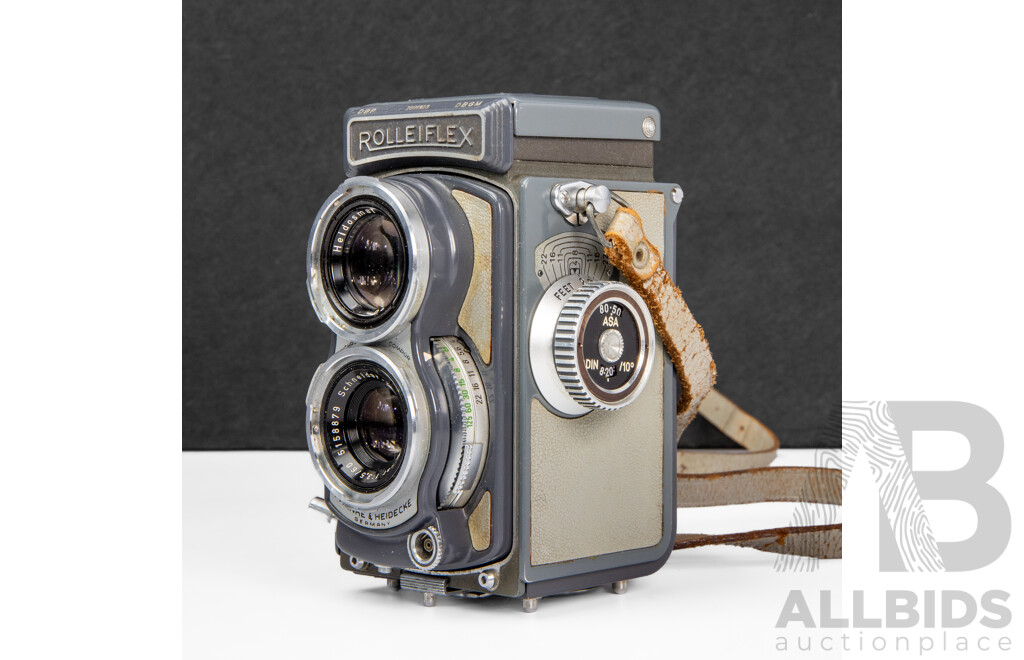 Grey Rolleiflex 4×4 Baby TLR Camera with Xenar 60mm F/3.5 Lens and Rollei Lens Hood