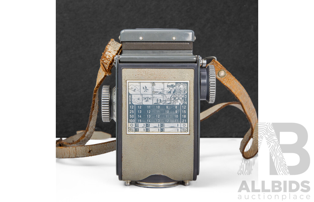 Grey Rolleiflex 4×4 Baby TLR Camera with Xenar 60mm F/3.5 Lens and Rollei Lens Hood