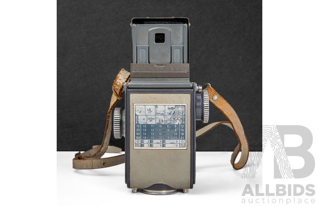 Grey Rolleiflex 4×4 Baby TLR Camera with Xenar 60mm F/3.5 Lens and Rollei Lens Hood