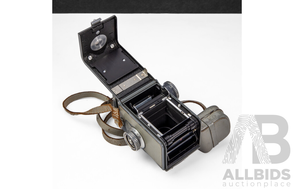 Grey Rolleiflex 4×4 Baby TLR Camera with Xenar 60mm F/3.5 Lens and Rollei Lens Hood
