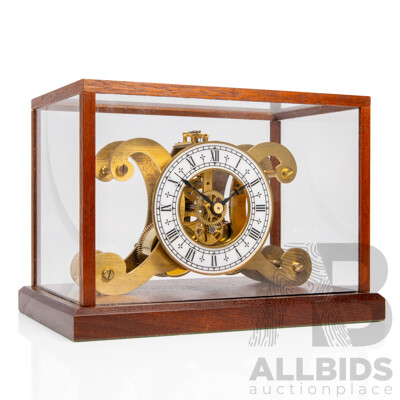 Vintage Brass Elegant Scroll Skeleton Clock in Glass Housing