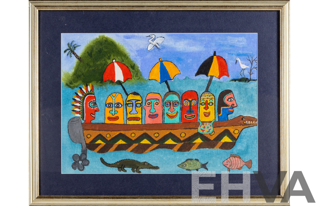 Matthias Kauage, (20th Century, Papua New Guinean, c1944-2003), Oi Pasindia (The Passengers), Original Oil on Canvas Board, 43H x 55W cm (frame)