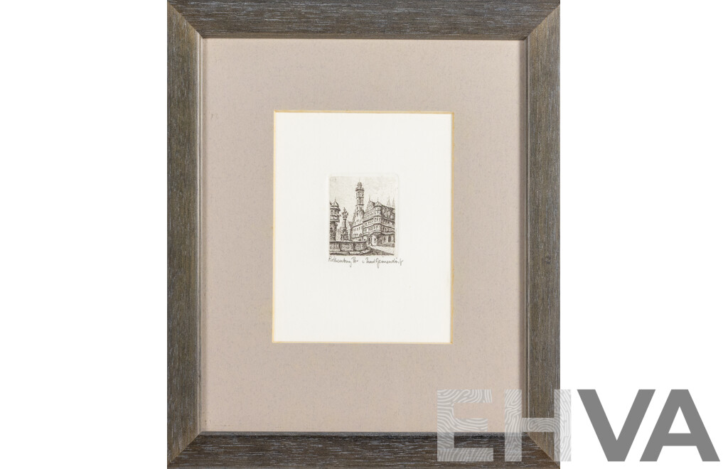 Ernst Geissendorfer, (20th Century, German, ?-1993), Rothenburg, Original Miniature Etching, 27H x 23W cm (frame)