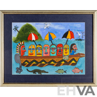 Matthias Kauage, (20th Century, Papua New Guinean, c1944-2003), Oi Pasindia (The Passengers), Original Oil on Canvas Board, 43H x 55W cm (frame)