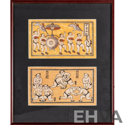 Artists Unknown (20th Century, Vietnamese School), Jealousy and Drum Procession & Wrestling, Pair of Vintage Dong Ho Colour Woodblocks on Diep Paper, 41H x 35W cm (frames) (2)