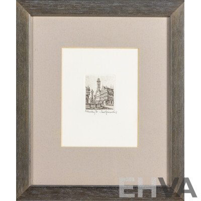 Ernst Geissendorfer, (20th Century, German, ?-1993), Rothenburg, Original Miniature Etching, 27H x 23W cm (frame)