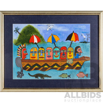 Matthias Kauage, (20th Century, Papua New Guinean, c1944-2003), Oi Pasindia (The Passengers), Original Oil on Canvas Board, 43H x 55W cm (frame)