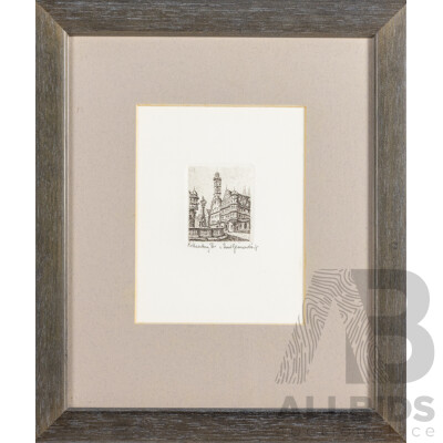 Ernst Geissendorfer, (20th Century, German, ?-1993), Rothenburg, Original Miniature Etching, 27H x 23W cm (frame)