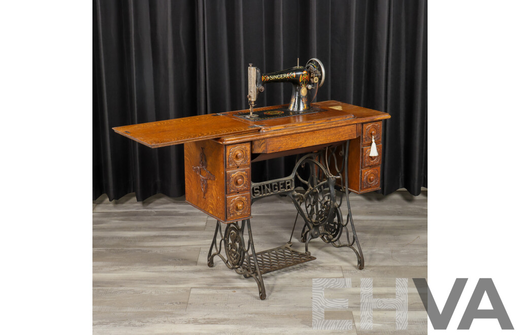 Vintage Singer Sewing Machine in Oak Case and on Treadle Base