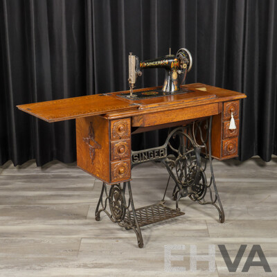 Vintage Singer Sewing Machine in Oak Case and on Treadle Base