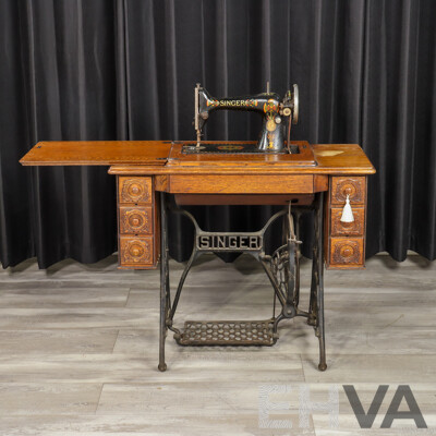Vintage Singer Sewing Machine in Oak Case and on Treadle Base
