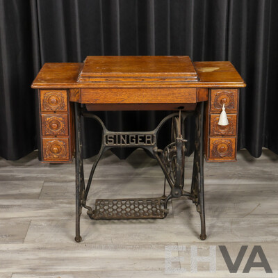 Vintage Singer Sewing Machine in Oak Case and on Treadle Base