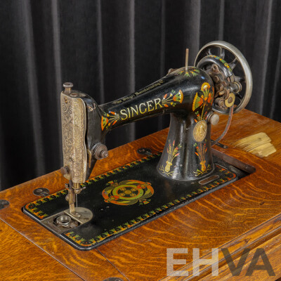 Vintage Singer Sewing Machine in Oak Case and on Treadle Base
