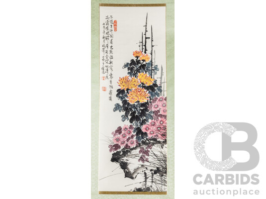 1660919 · Xiao Ping Guilin (20th Century, Chinese), Chrysanthemums (2006), Original Ink & Wash on Rice Paper & Silk Panel, 154H x 43W cm (scroll)