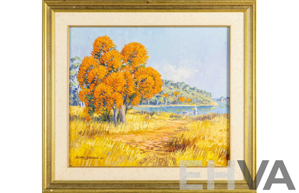 Anthony Lazberger, (20th Century, Australian, Active c1970s), Golden Trees in Autumn Landscape (1975), Original Vintage Oil on Canvas Cloth, 70W x 62H cm (frame)