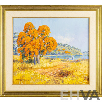 Anthony Lazberger, (20th Century, Australian, Active c1970s), Golden Trees in Autumn Landscape (1975), Original Vintage Oil on Canvas Cloth, 70W x 62H cm (frame)