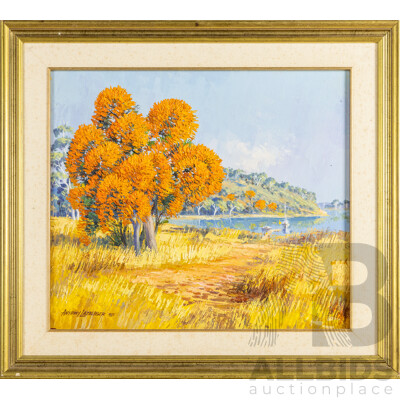 Anthony Lazberger, (20th Century, Australian, Active c1970s), Golden Trees in Autumn Landscape (1975), Original Vintage Oil on Canvas Cloth, 70W x 62H cm (frame)
