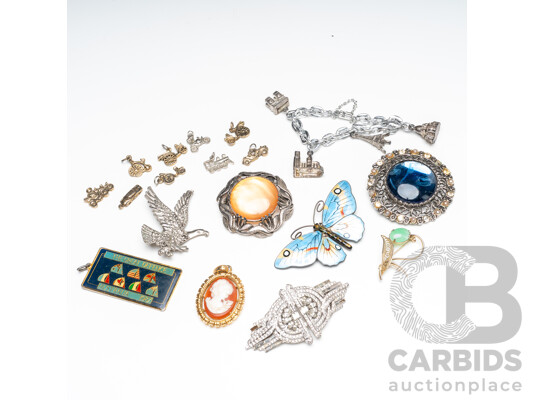 1660543 · Collection of Brooches, Pendant, Gold & Silver Tone Bracelet and Charms - Lot of 9