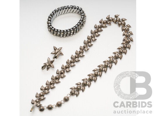 1660582 · Silver Tone Violet Stone Necklace/Earrings Set & White Stone Stretch Bracelet - Lot of 3