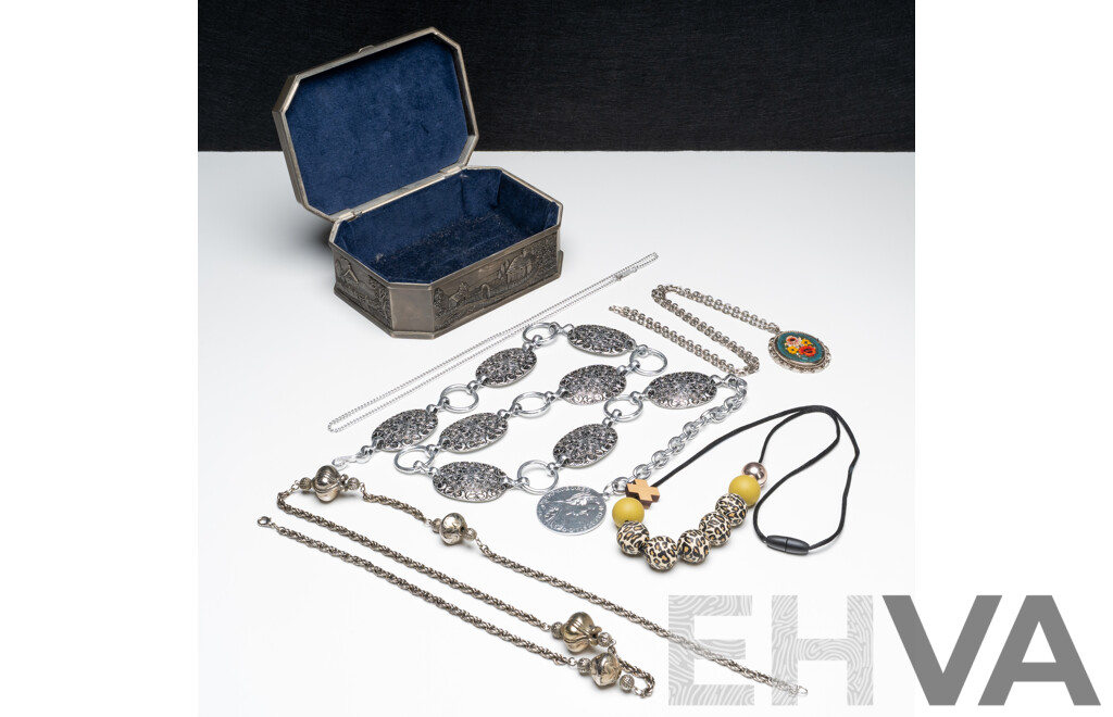 Collection of (4) Silver Tone Necklaces a Silver Tone Belt in a Pewter Jewellery Box - Lot of 6