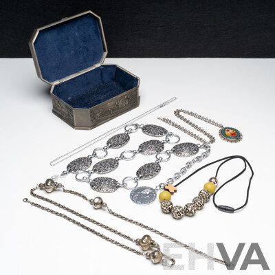 Collection of (4) Silver Tone Necklaces a Silver Tone Belt in a Pewter Jewellery Box - Lot of 6