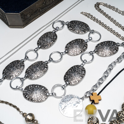 Collection of (4) Silver Tone Necklaces a Silver Tone Belt in a Pewter Jewellery Box - Lot of 6