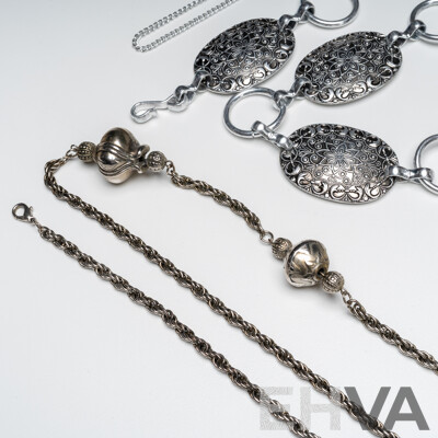 Collection of (4) Silver Tone Necklaces a Silver Tone Belt in a Pewter Jewellery Box - Lot of 6