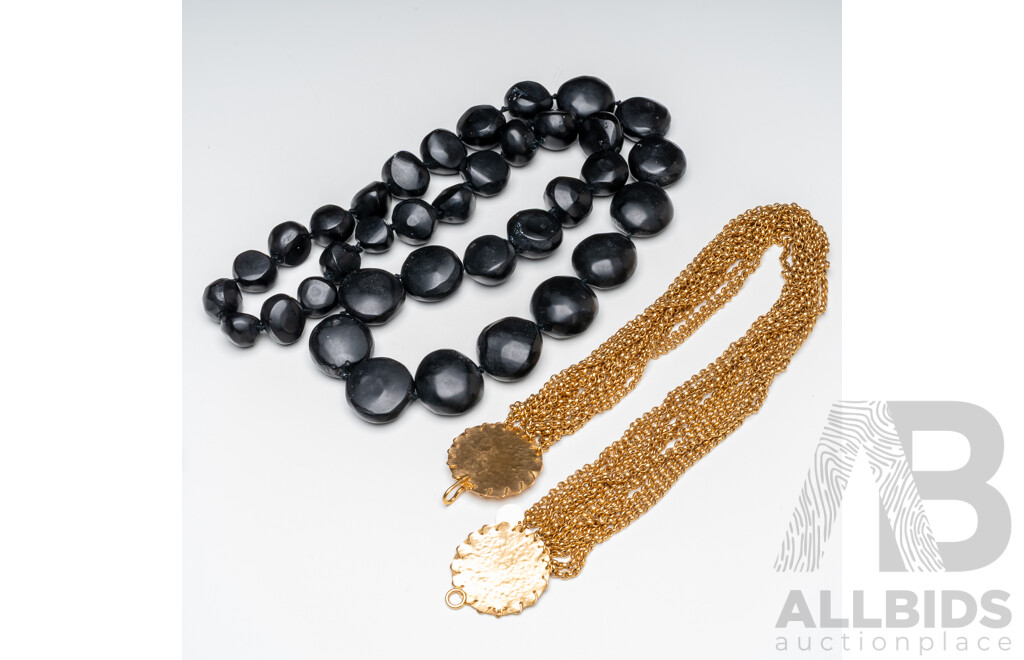 1660568 · Black Vegetable Ivory Necklace & Gold Tone Multi Belcher Chain Necklace - Lot of 2