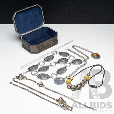 Collection of (4) Silver Tone Necklaces a Silver Tone Belt in a Pewter Jewellery Box - Lot of 6