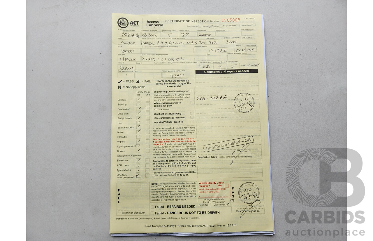 3/2012 Mazda Bt50 XTR (4x4)  Dual Cab Utility Black 3.2L