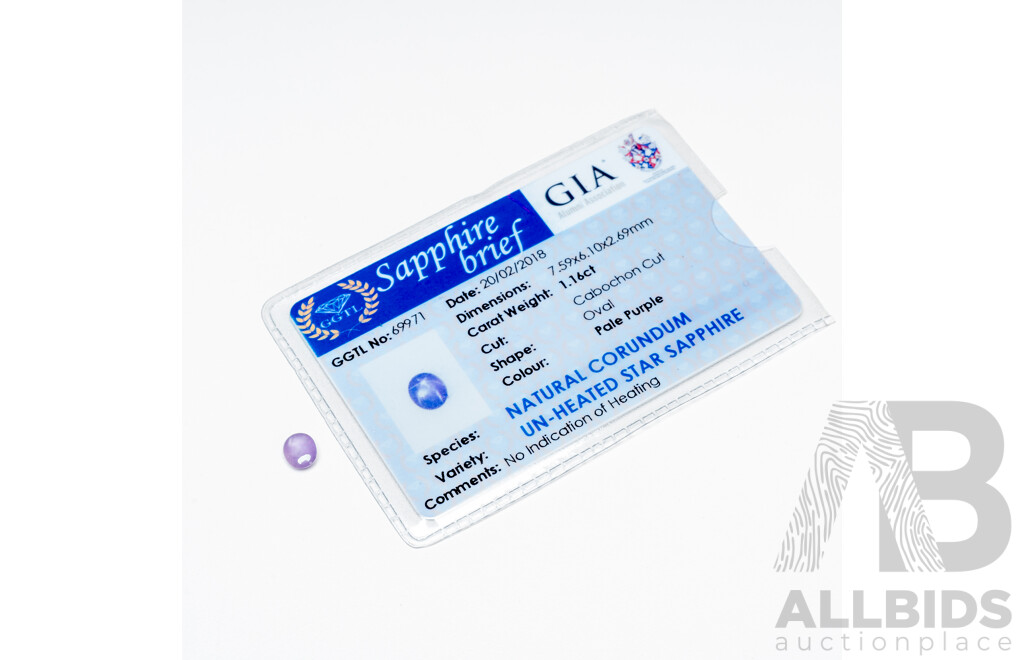 1.16ct Natural Pale Purple Star Sapphire with Gem Report