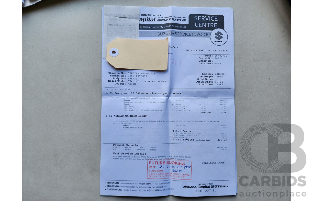 11/2012 Suzuki SX4  GY MY11 5d Hatchback White 2.0L