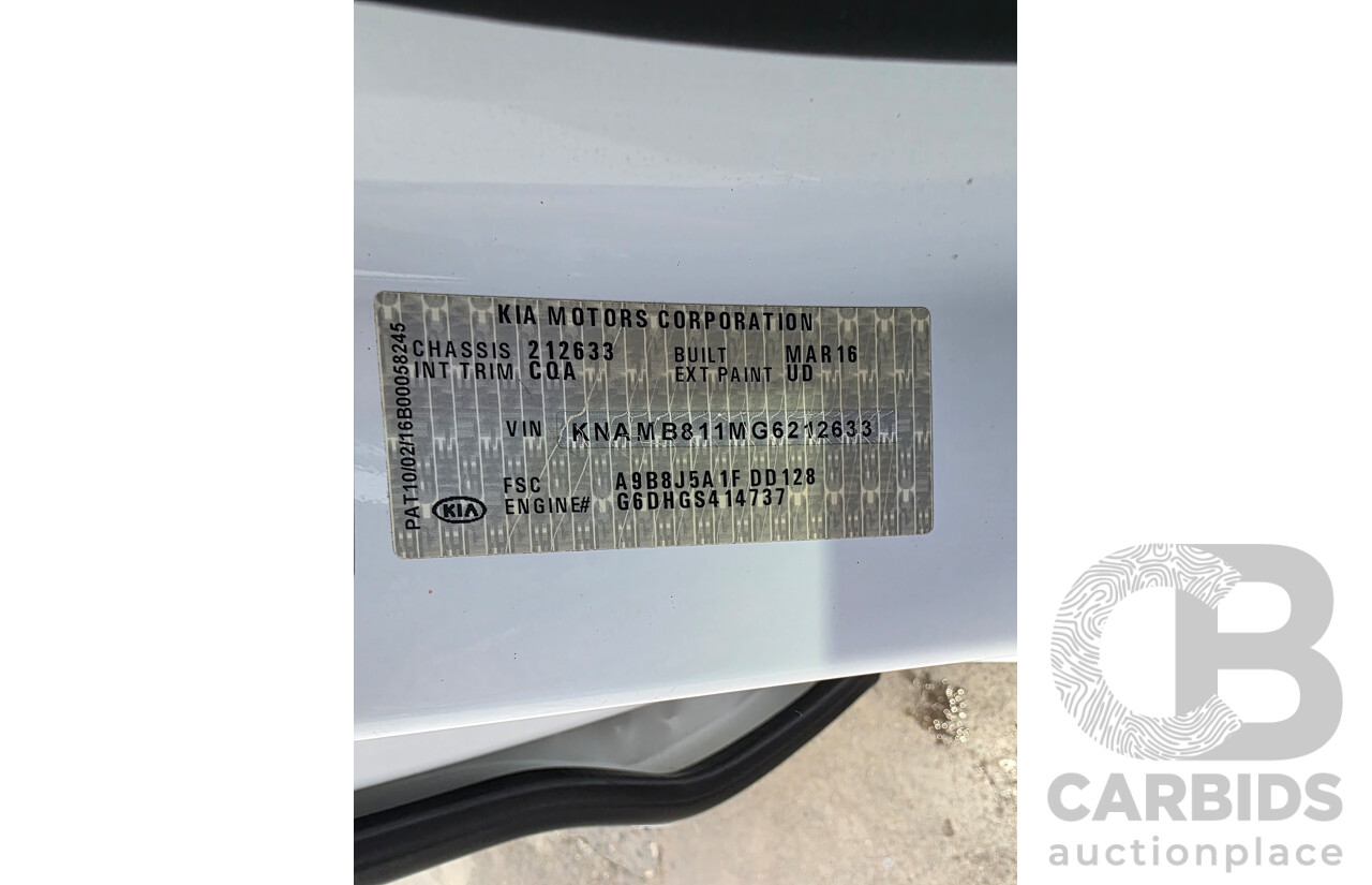 4/2016 Kia Carnival S YP MY16 Update 4d Wagon Clear White V6 3.3L
