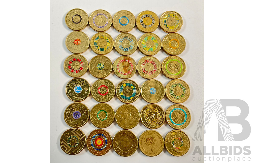 Thirty Australian Commemorative Two Dollar Coins Including 2016 Fifty Years Decimal Currency, 2025 Women's Australia, Open, 2024 Paralympics, 2020 Firefighters, 2022 Matildas, 2024 War Animals Remembrance and More