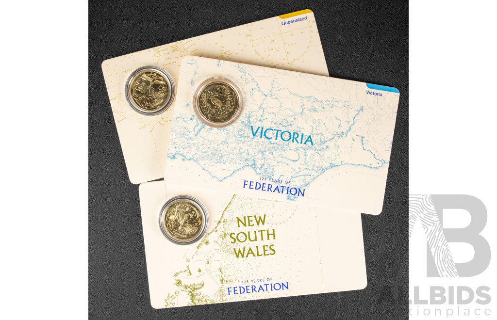 Three Australian RAM 2026 UNC Twenty Five Cent Coins, 125 Federation, Queensland, Victoria, New South Wales
