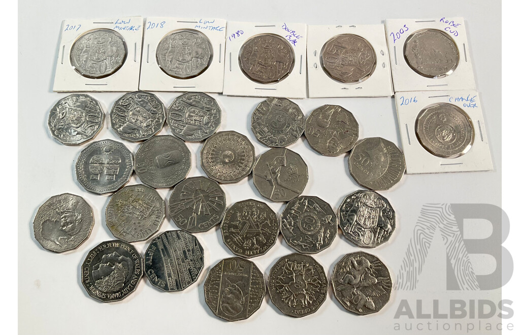 Twenty Seven Australian Fifty Cent Coins Including 1980 Double Bar, 2024 Fifty Years NAIDOC, 2014 AIATIS, 2000 Millennium, 2019 Year of Indigenous Language, 2010 Australia Day and More