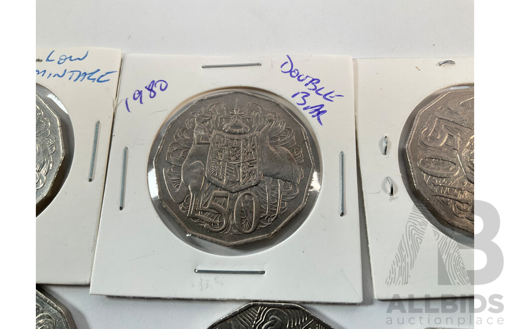 Twenty Seven Australian Fifty Cent Coins Including 1980 Double Bar, 2024 Fifty Years NAIDOC, 2014 AIATIS, 2000 Millennium, 2019 Year of Indigenous Language, 2010 Australia Day and More
