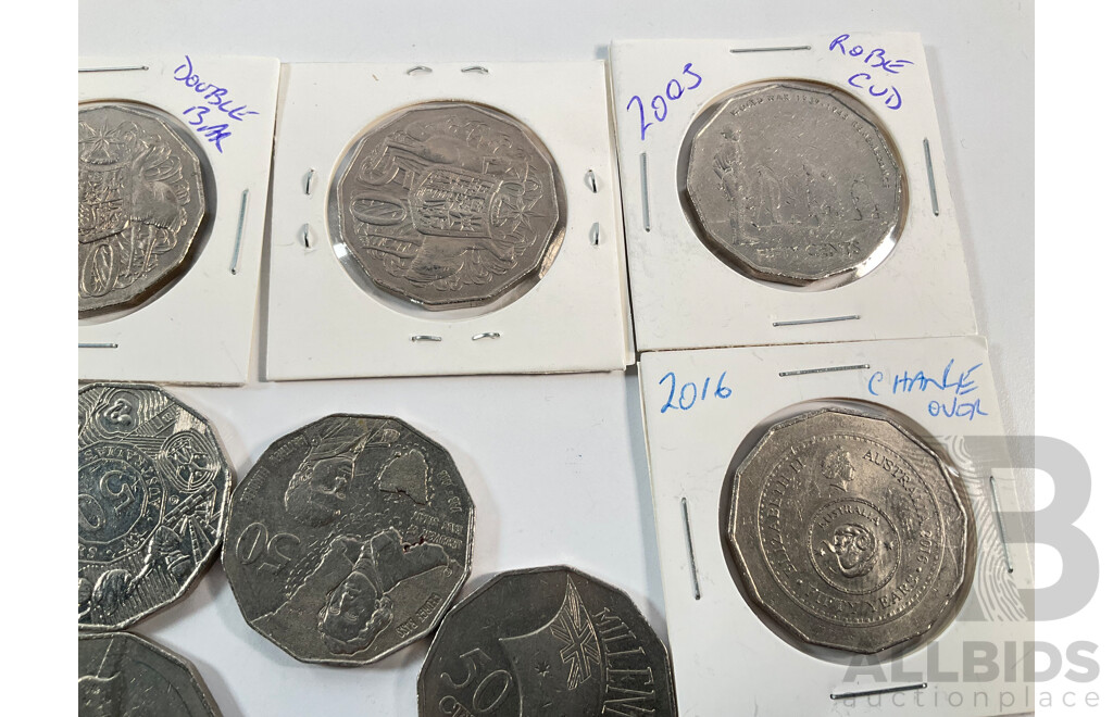 Twenty Seven Australian Fifty Cent Coins Including 1980 Double Bar, 2024 Fifty Years NAIDOC, 2014 AIATIS, 2000 Millennium, 2019 Year of Indigenous Language, 2010 Australia Day and More