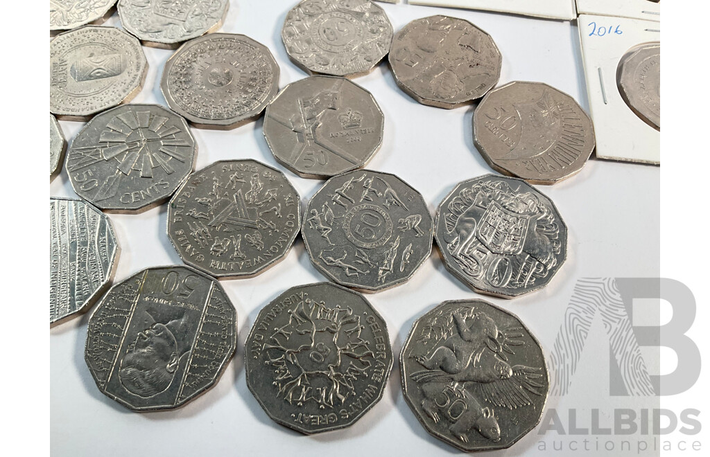 Twenty Seven Australian Fifty Cent Coins Including 1980 Double Bar, 2024 Fifty Years NAIDOC, 2014 AIATIS, 2000 Millennium, 2019 Year of Indigenous Language, 2010 Australia Day and More