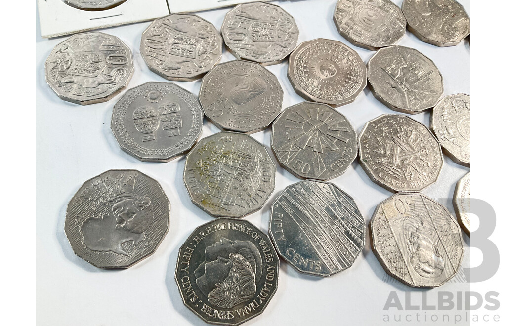 Twenty Seven Australian Fifty Cent Coins Including 1980 Double Bar, 2024 Fifty Years NAIDOC, 2014 AIATIS, 2000 Millennium, 2019 Year of Indigenous Language, 2010 Australia Day and More