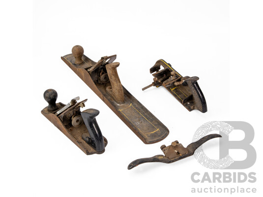 Four Stanley Woodworking Planes Including Number Seven Smoothing Plane, Number Four Bench Plane, Number Seventy Eight Rebate Plane, Spoke Shave