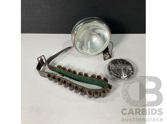 Vintage Harley Davidson Chrome Horn, Cibie Super Oscar Driving Lamp, Leather Bullet Belt