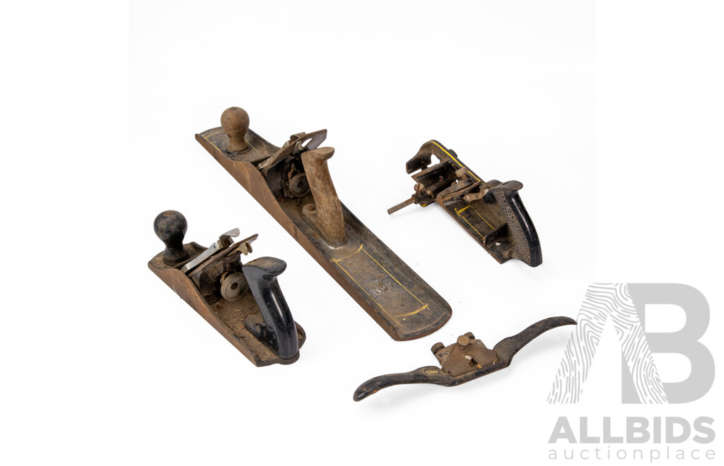 Four Stanley Woodworking Planes Including Number Seven Smoothing Plane, Number Four Bench Plane, Number Seventy Eight Rebate Plane, Spoke Shave