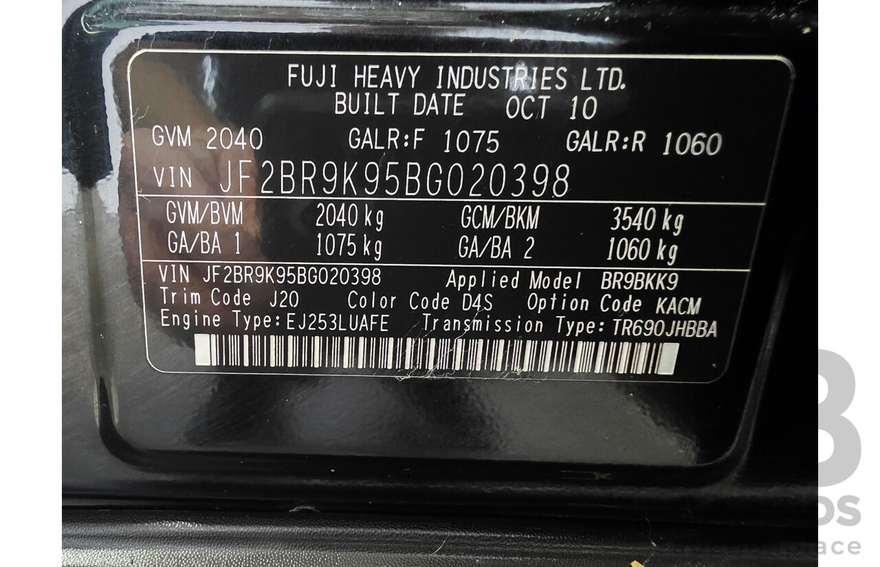 2/2011 Subaru Outback 2.5i Premium (AWD) MY11 4d Wagon Crystal Black 2.5L