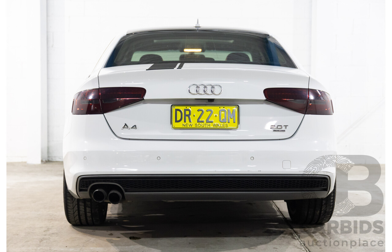 6/2014 Audi A4 2.0 TFSI S-Line Quattro B8 (8K) MY14 4d Sedan Glacier White Metallic Turbo 2.0L