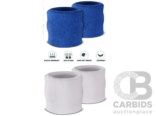 1660465 · Sweat-Wicking Wristbands - Tennis Terry Towelling Cotton Sweat Workout Bands for Gym, Running - Blue and White - Lot of 100