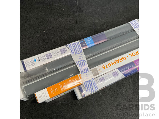 1663769 · PILLAR Graphite Tint Window Film - Graphite 1.2x2.4m (2x), Dual Roller Blindes 120cm (3x), Block-Out Roller Blinde 100cm - Lot of 6