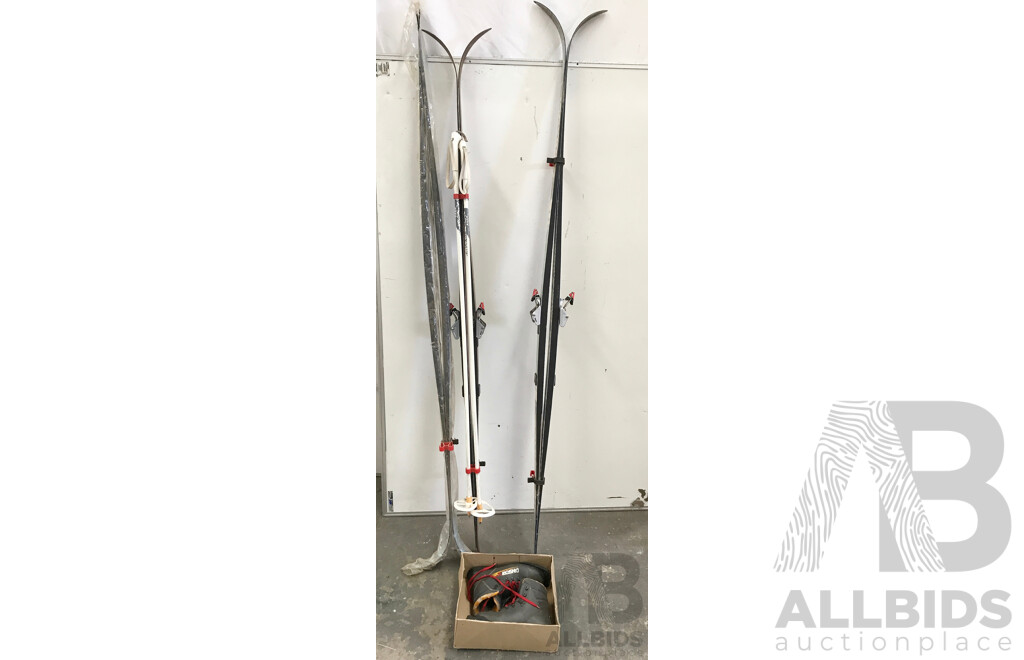 Assorted Jarvinen Skis and Dinsport XL Eskimo Ski Boots