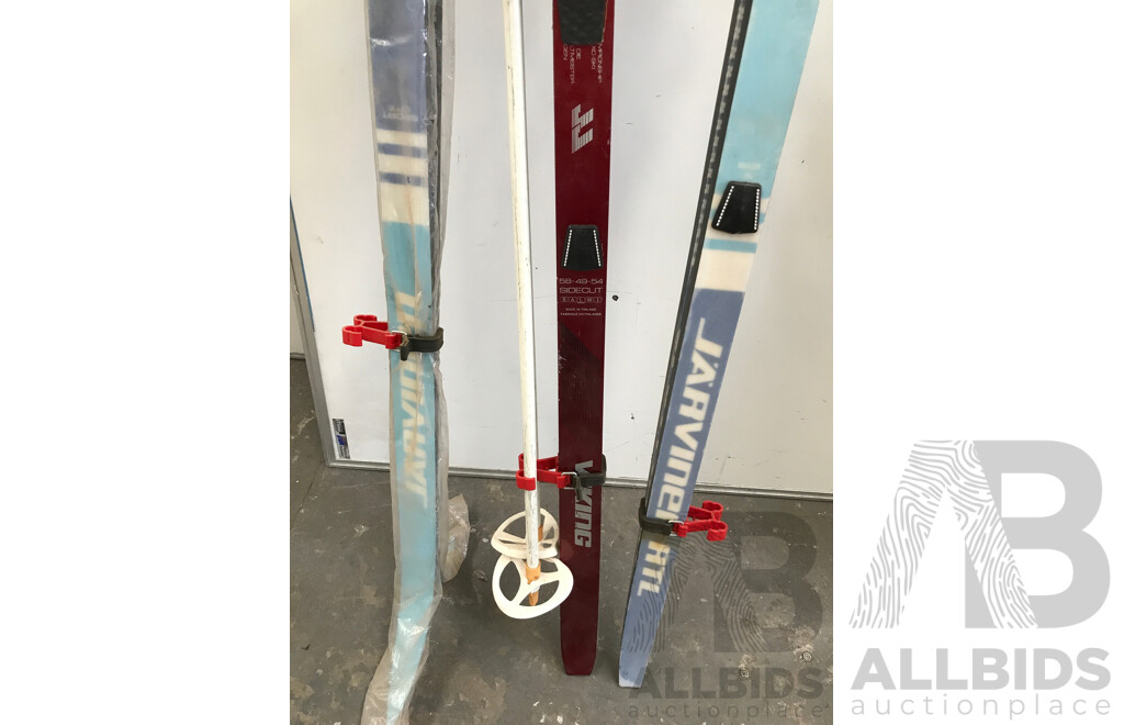 Assorted Jarvinen Skis and Dinsport XL Eskimo Ski Boots